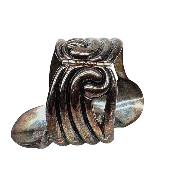 Vtg Taxco Signed ES Mexican Modernist 925 Sterling Scrolled Clamper Bracelet - Picture 6 of 11